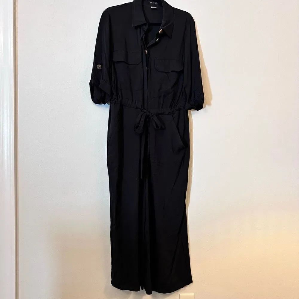 Venus Short-Sleeve Button-Down Drawstring Maxi Shirt Dress Black Size 14